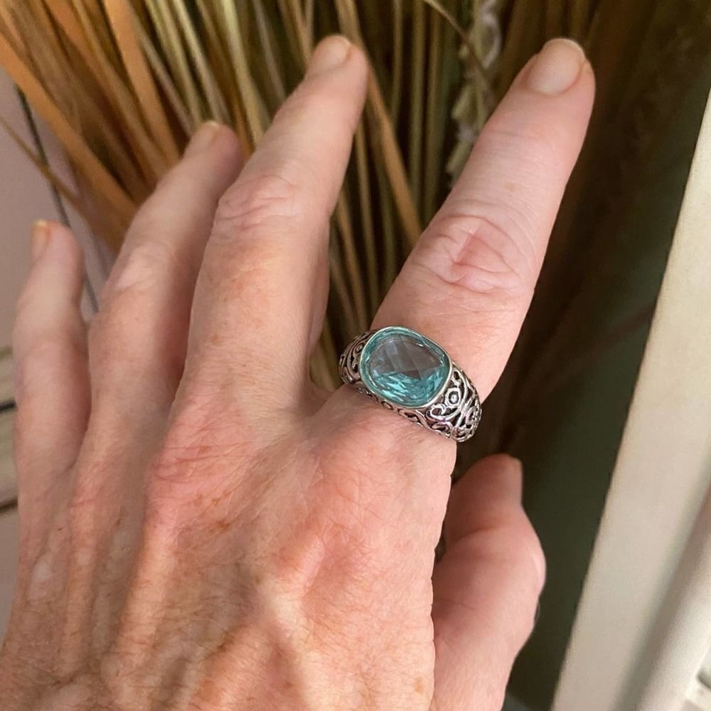 Stainless Steel Sea Blue Faceted Glass Ring sizes 8,9,10